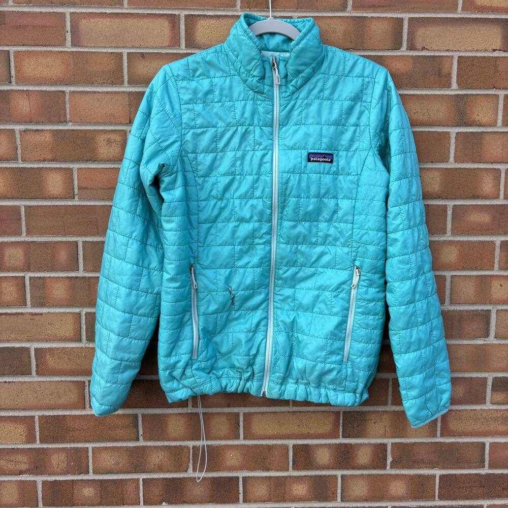 Patagonia Womens Medium Nano Puff Jacket Light Blue Full Zip Flaw Hole